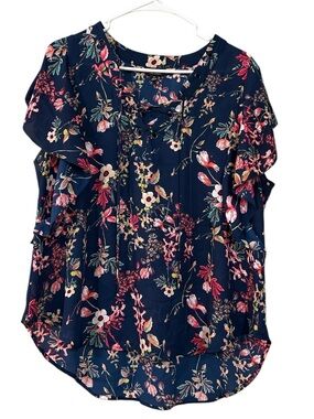 a.n.a Navy Floral Lace-Up Flutter Sleeve Top